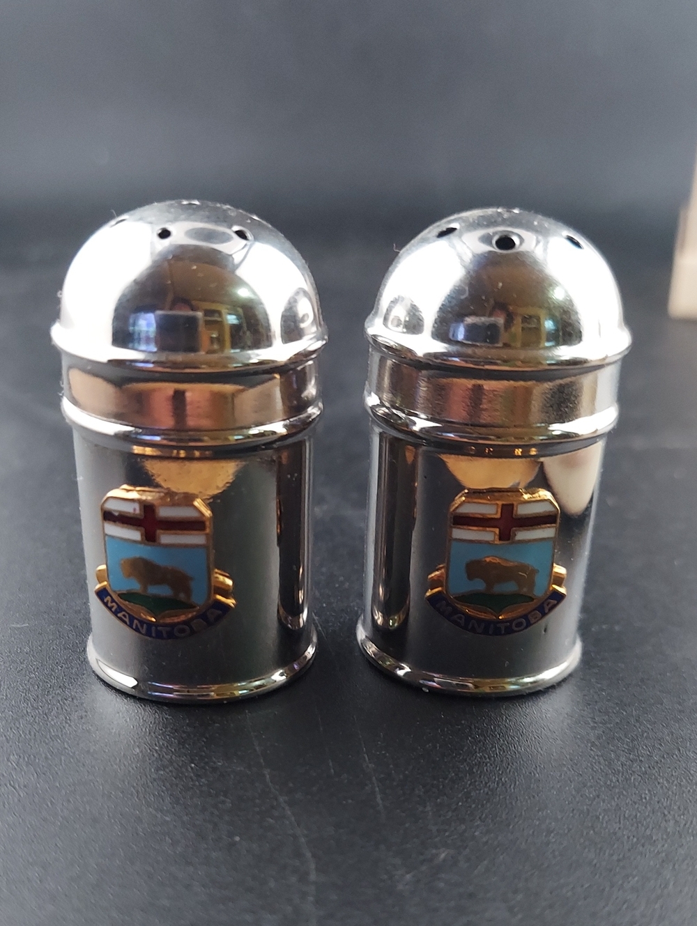 Vintage Silver Tone Salt and Pepper Shakers with Blue and Gold Crest